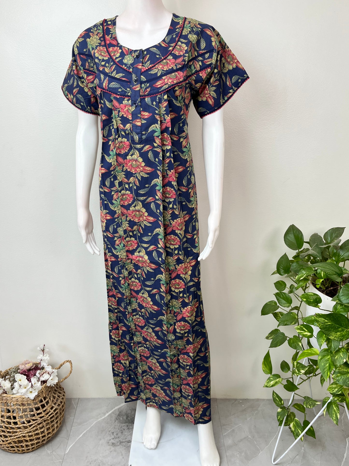 Navy Blue 100% Cotton Women's Nightgown