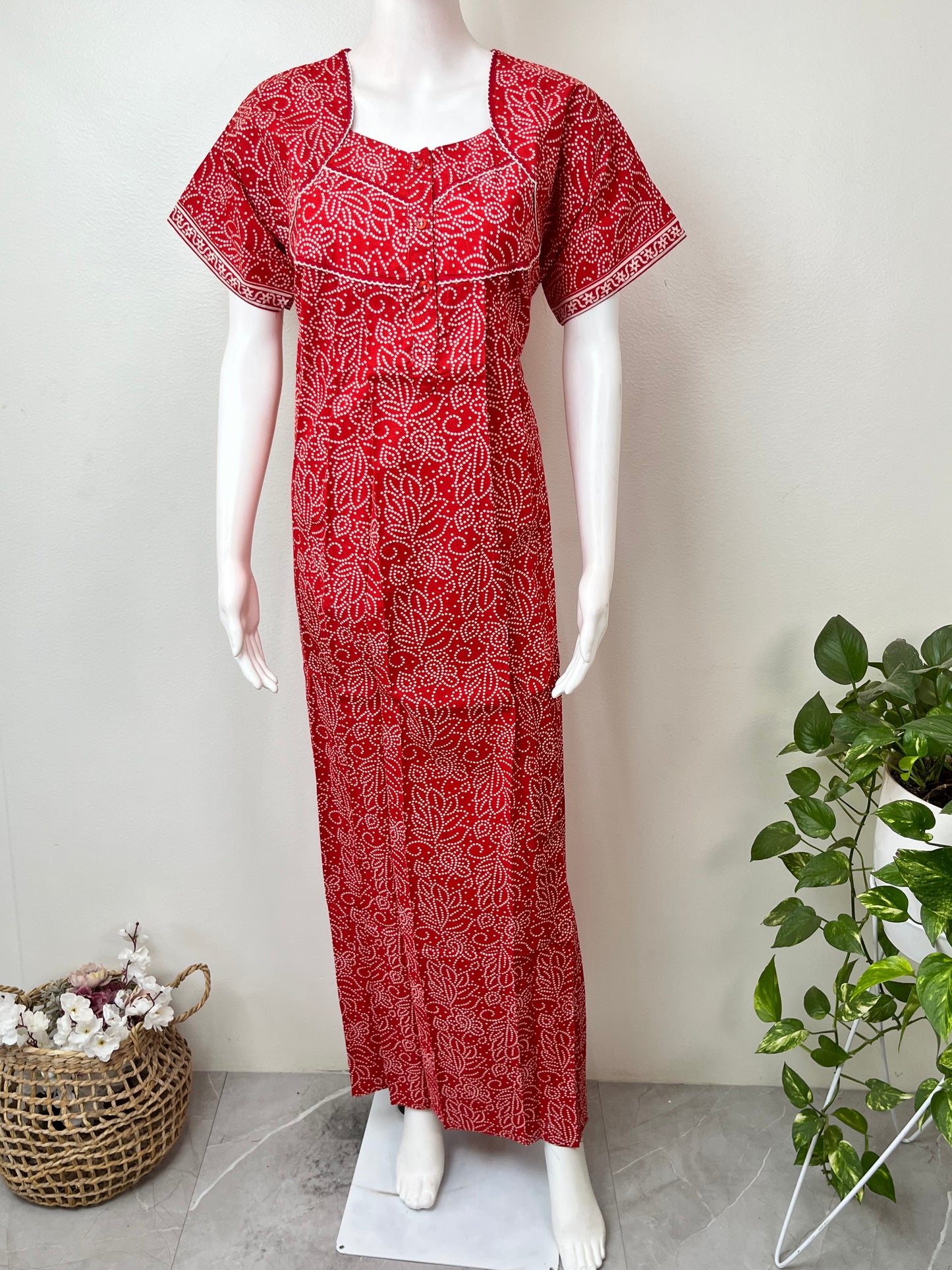 Red Bandhani Pure Cotton Nightgown