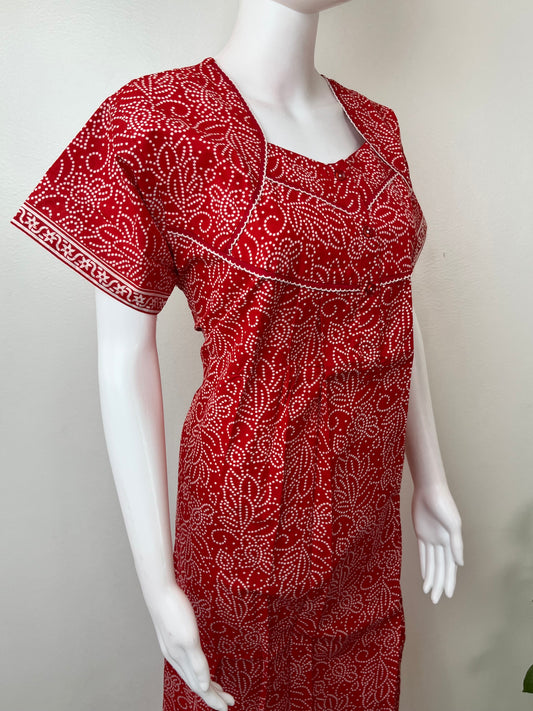 Red Bandhani Pure Cotton Nightgown