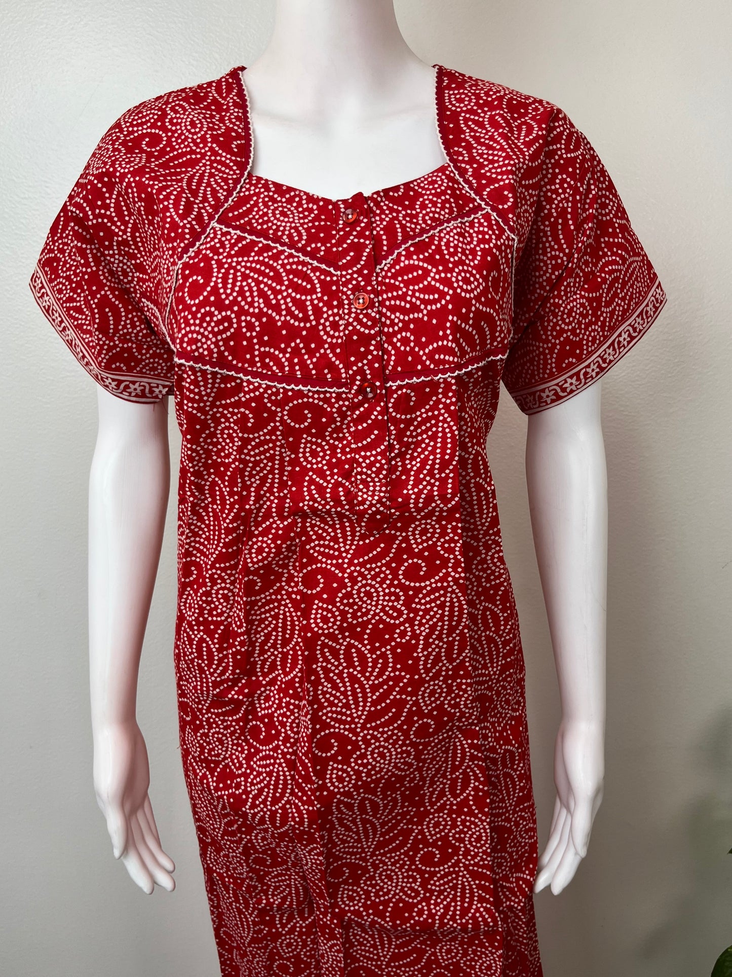 Red Bandhani Pure Cotton Nightgown