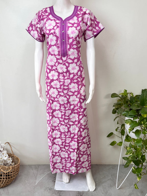 Purple Floral Printed 100% Cotton Nighty