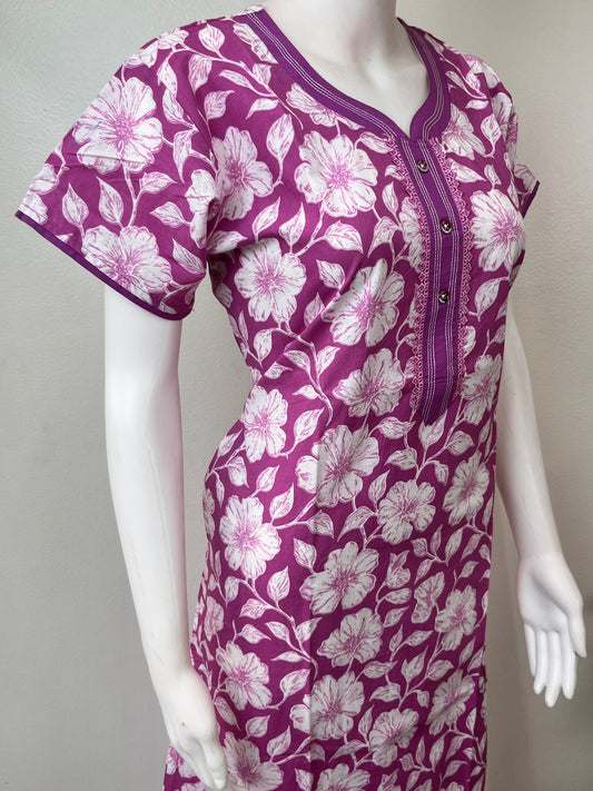 Purple Floral Printed 100% Cotton Nighty