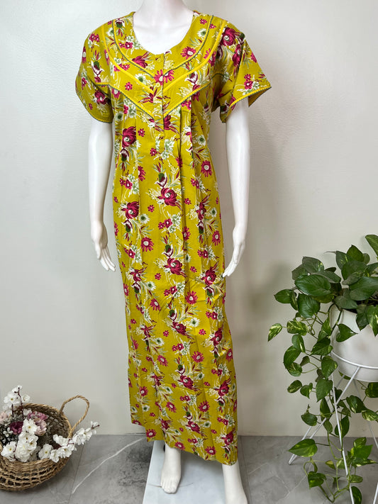 Yellow Floral Printed 100% Cotton Nightgown