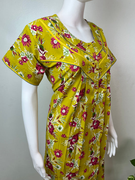 Yellow Floral Printed 100% Cotton Nightgown