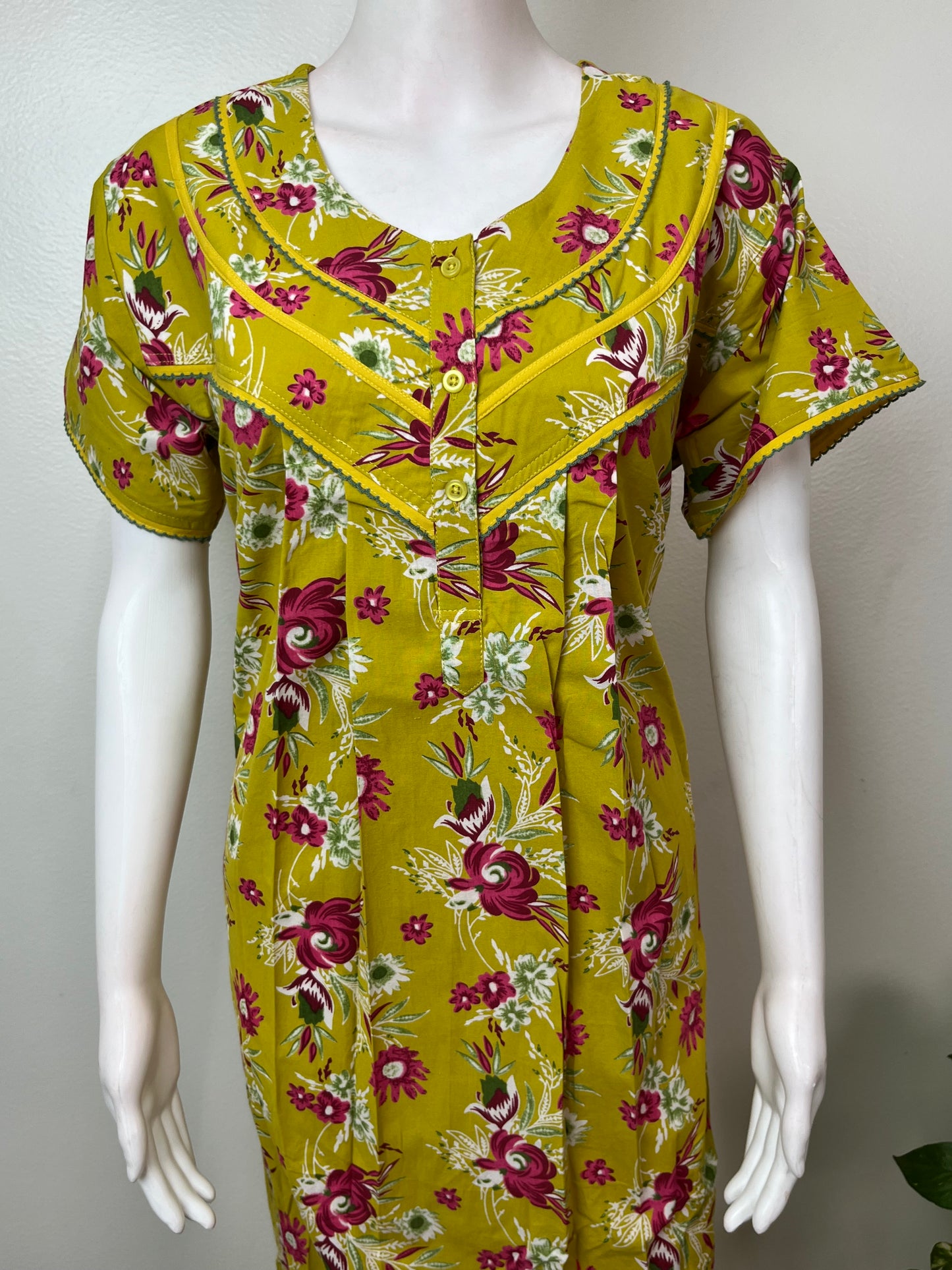 Yellow Floral Printed 100% Cotton Nightgown