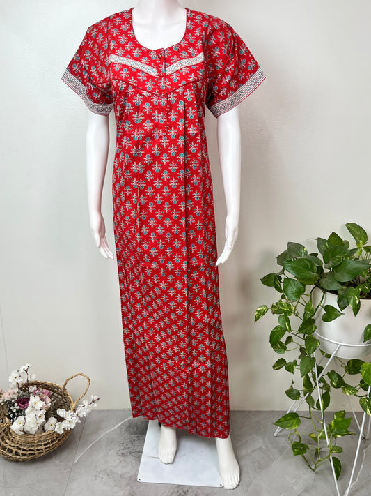 Red Pleated Style Pure Cotton Nightgown