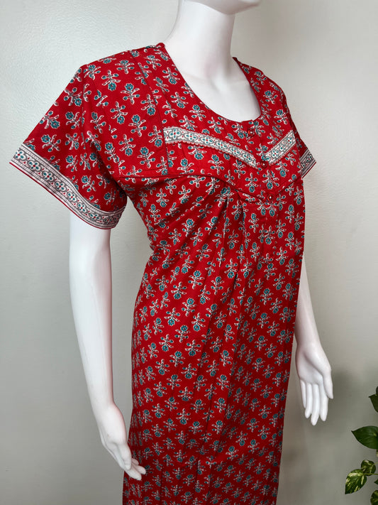 Red Pleated Style Pure Cotton Nightgown