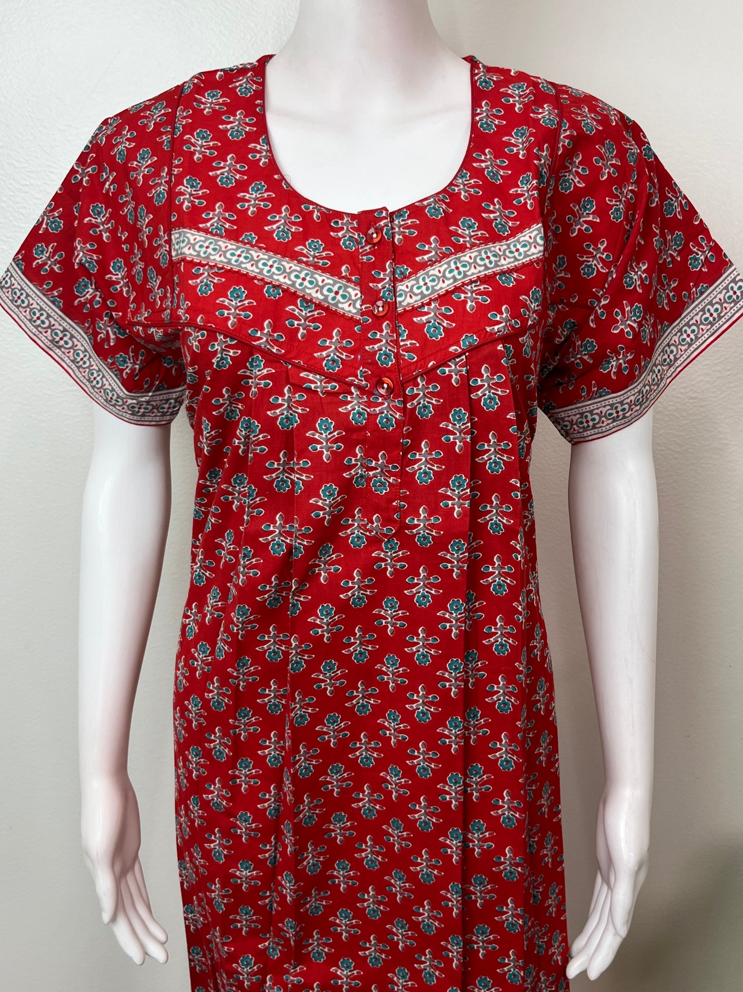 Red Pleated Style Pure Cotton Nightgown