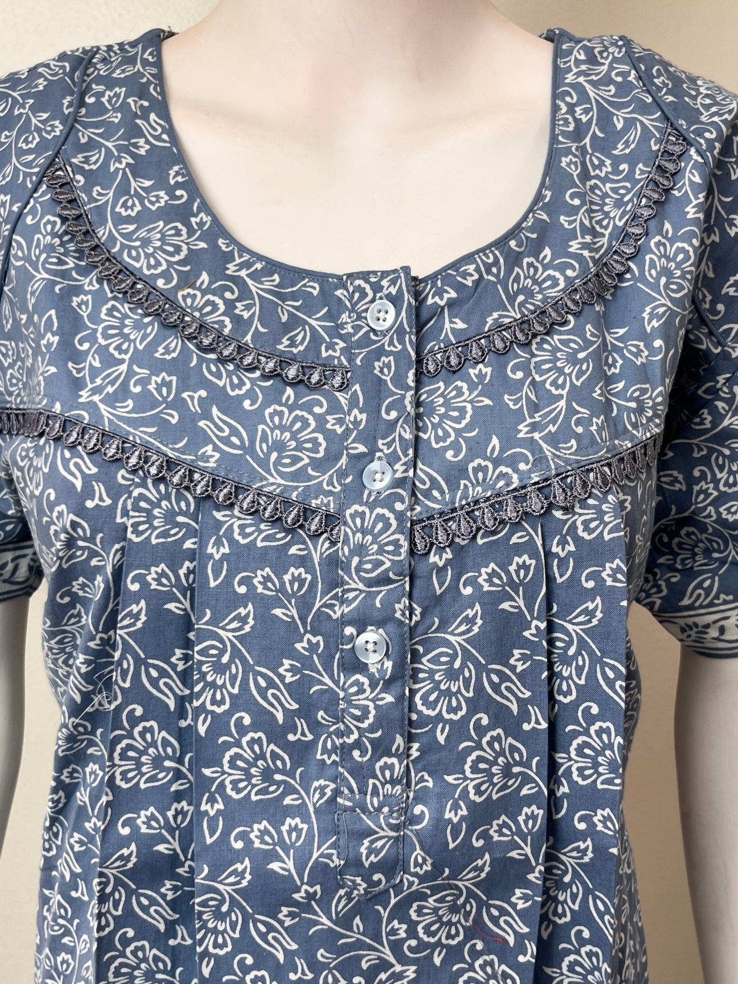 Gray Pleated Style 100% Cotton Nightgown