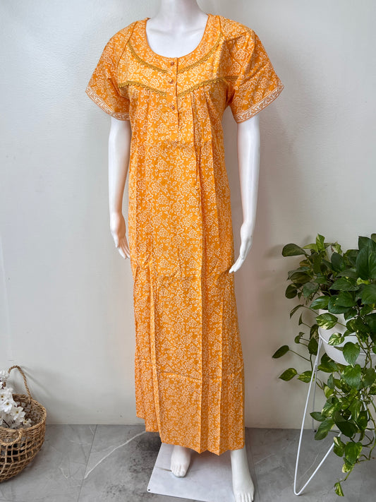 Yellow Pleated Style 100% Cotton Nightgown