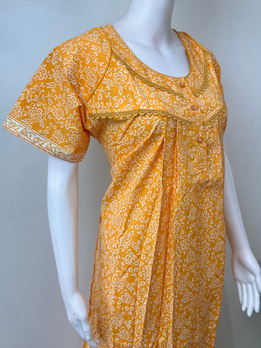 Yellow Pleated Style 100% Cotton Nightgown