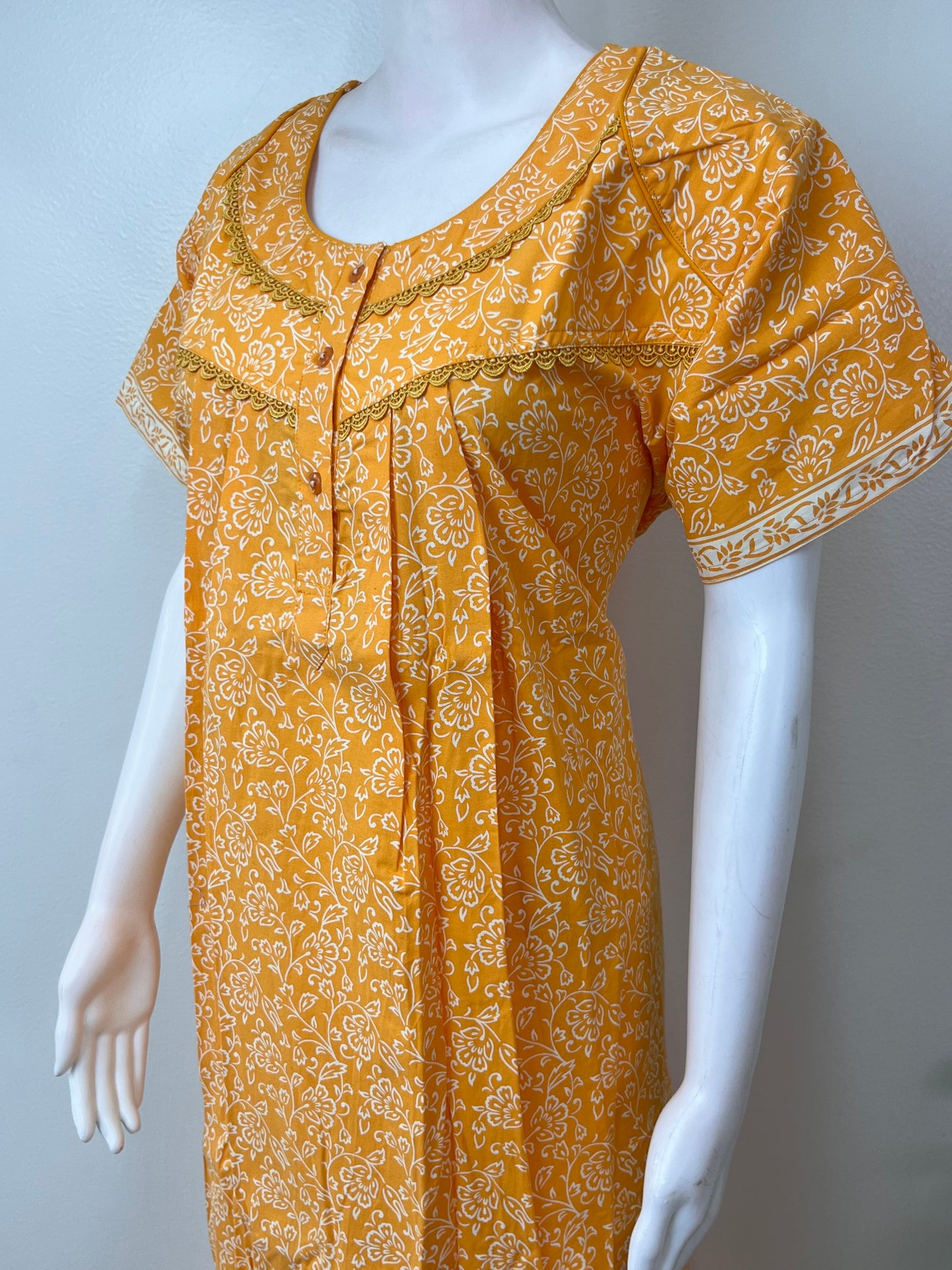 Yellow Pleated Style 100% Cotton Nightgown