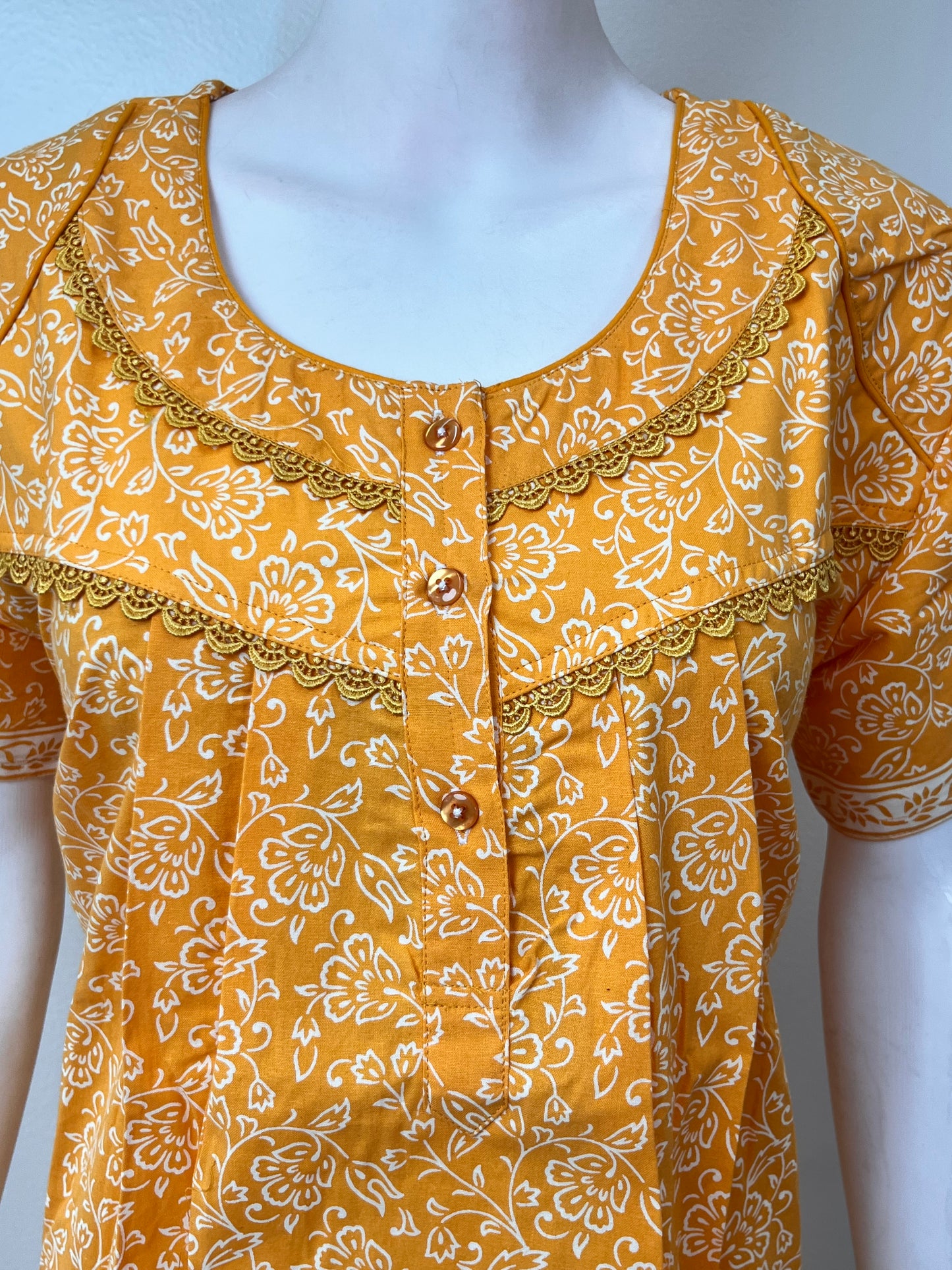Yellow Pleated Style 100% Cotton Nightgown
