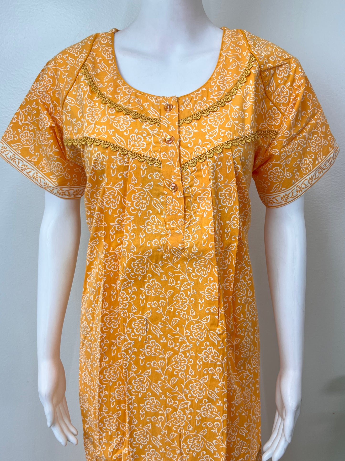 Yellow Pleated Style 100% Cotton Nightgown