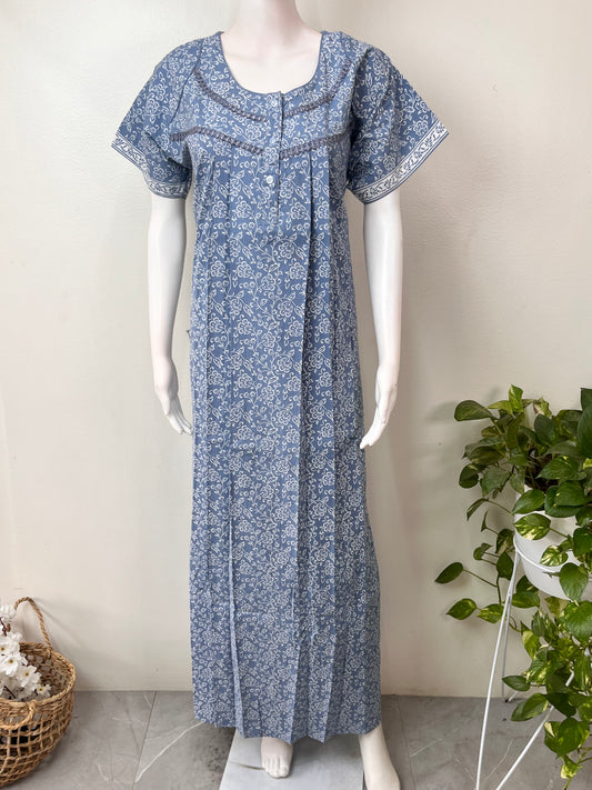 Gray Pleated Style 100% Cotton Nightgown
