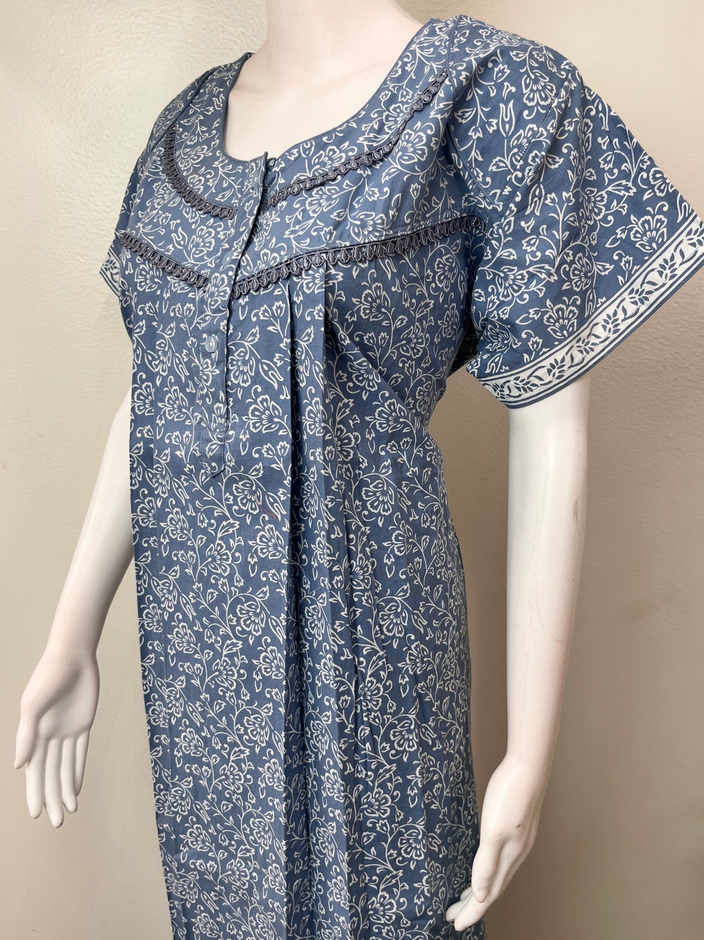Gray Pleated Style 100% Cotton Nightgown