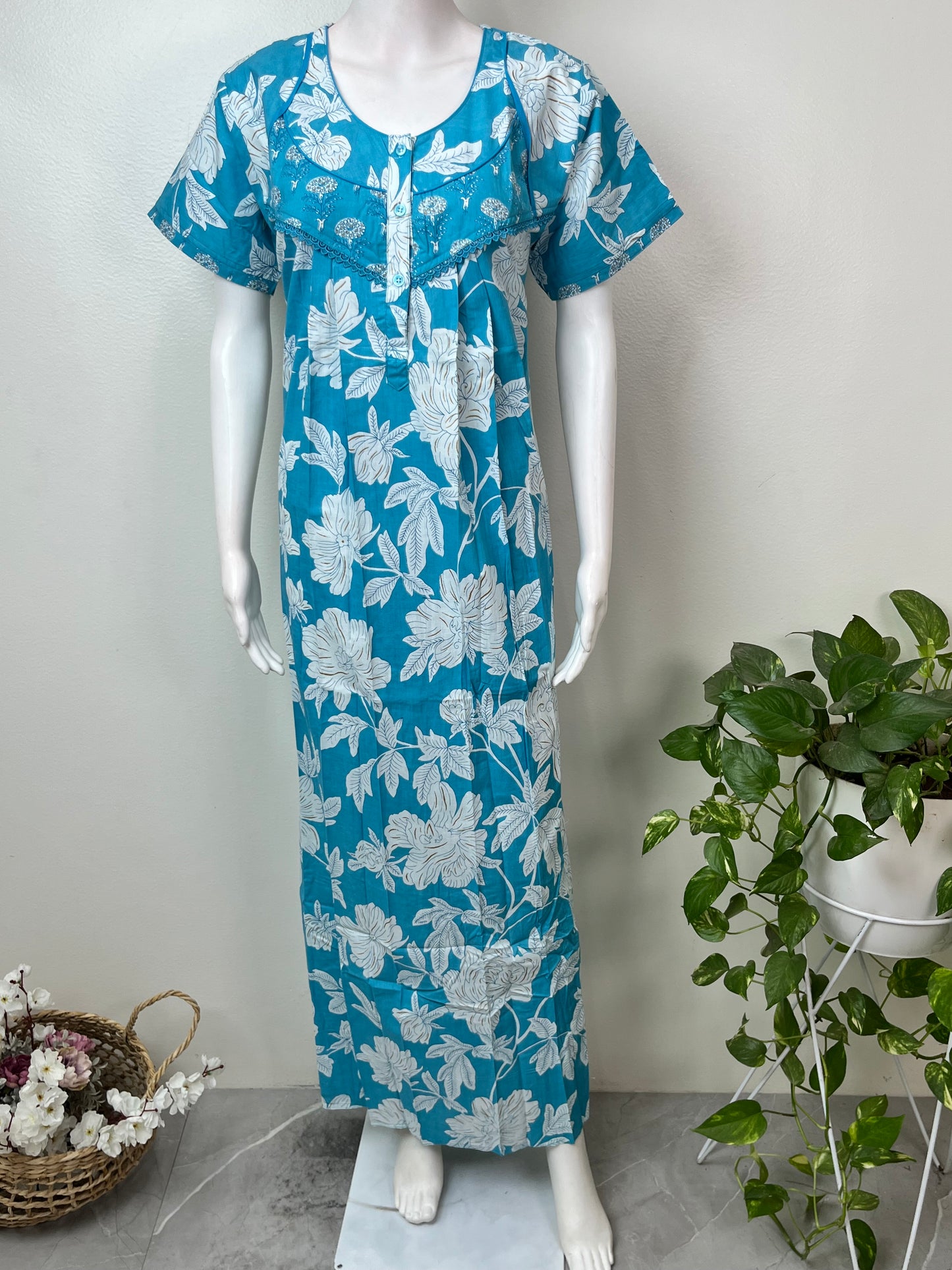 Sky Blue Pleated Style 100% Cotton Nighty