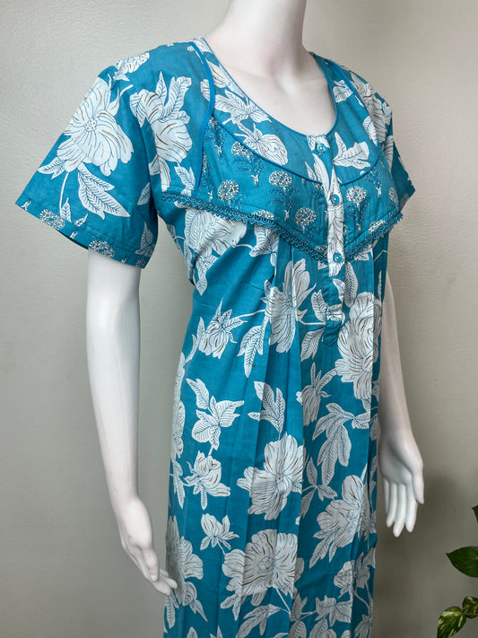 Sky Blue Pleated Style 100% Cotton Nighty