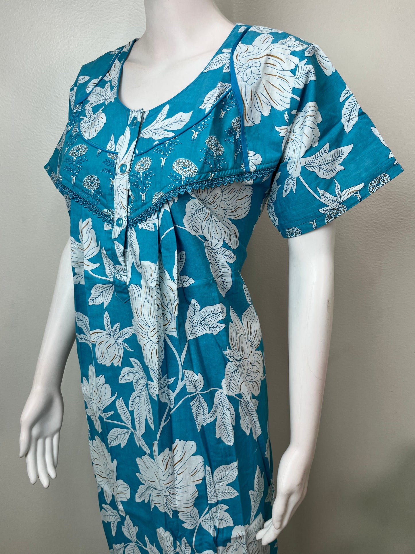 Sky Blue Pleated Style 100% Cotton Nighty