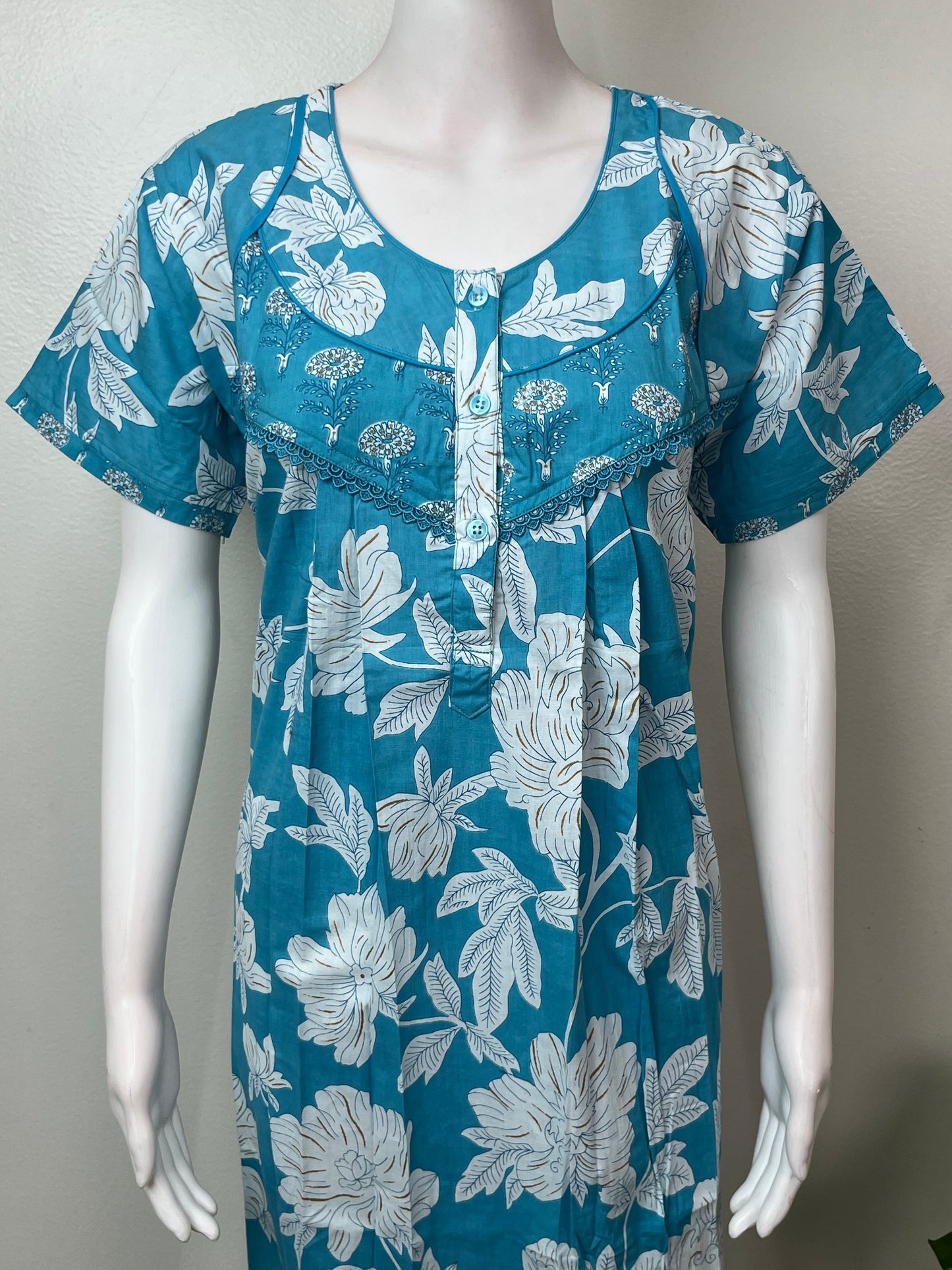 Sky Blue Pleated Style 100% Cotton Nighty