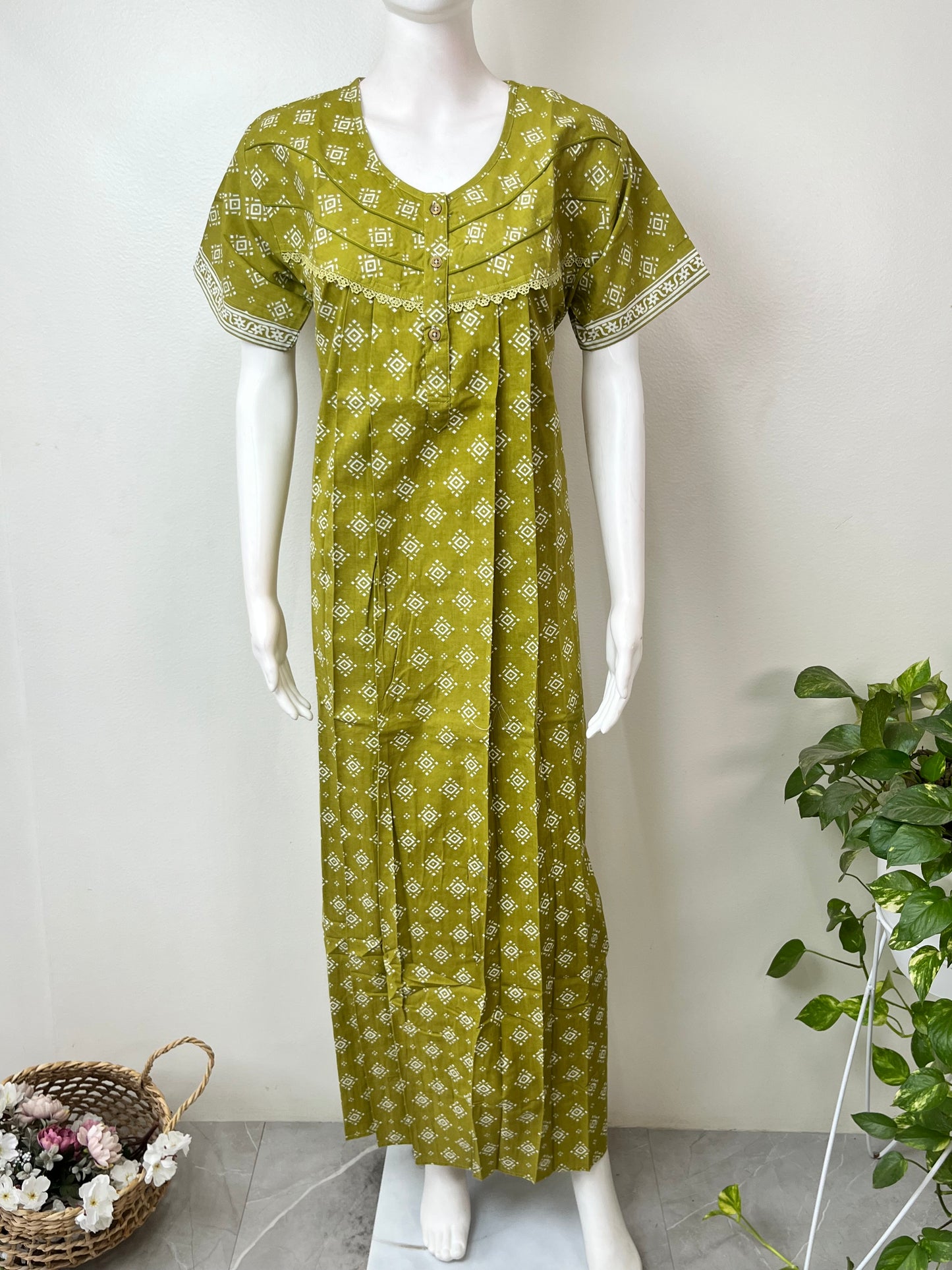 Olive Green Pure Cotton Nightgown for Women