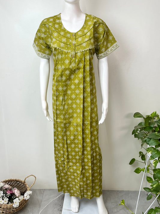 Olive Green Pure Cotton Nightgown for Women