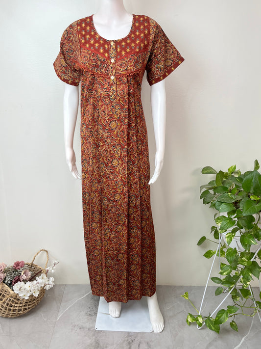 Maroon Pleated Style 100% Cotton Nightgown