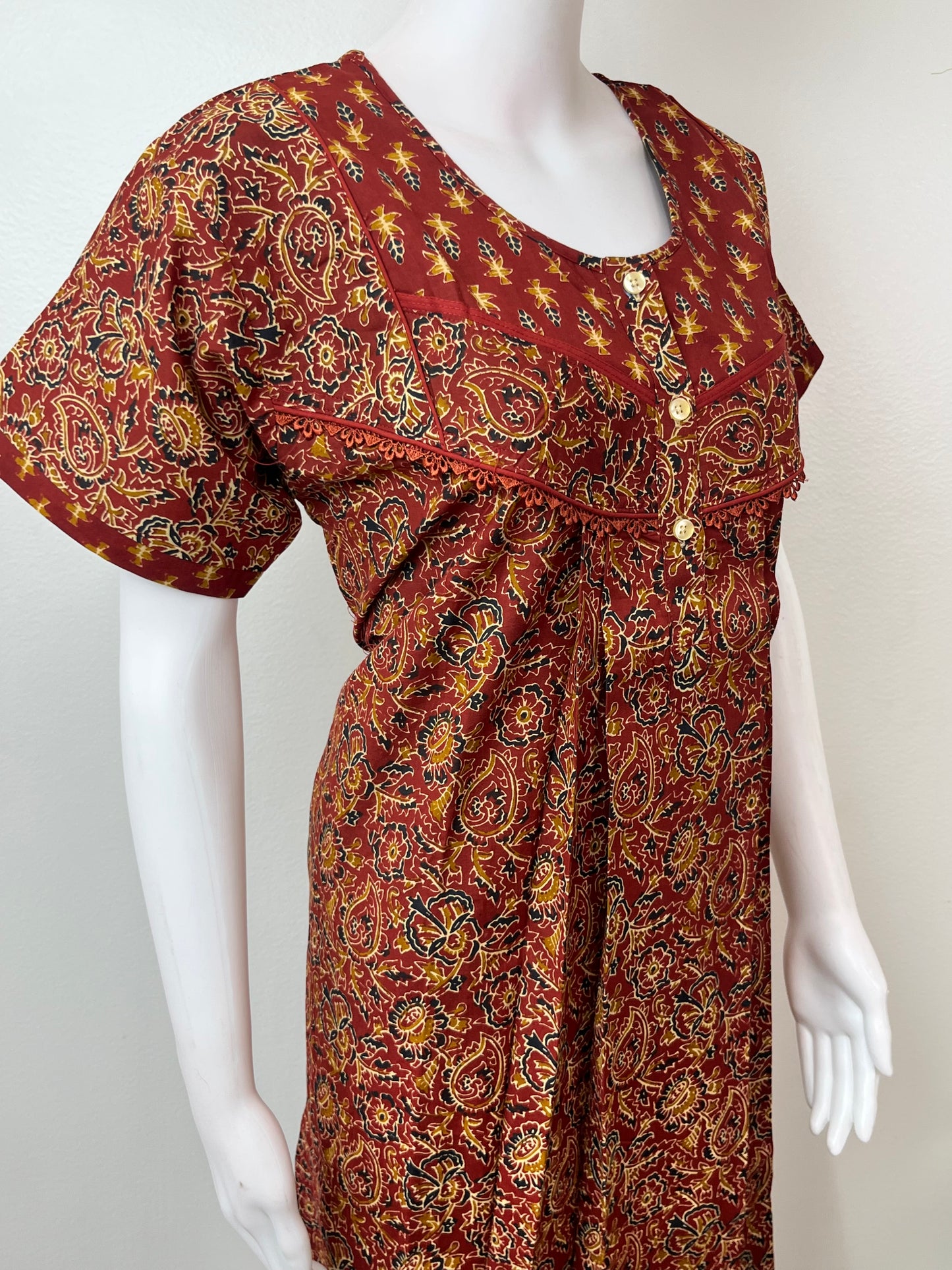 Maroon Pleated Style 100% Cotton Nightgown