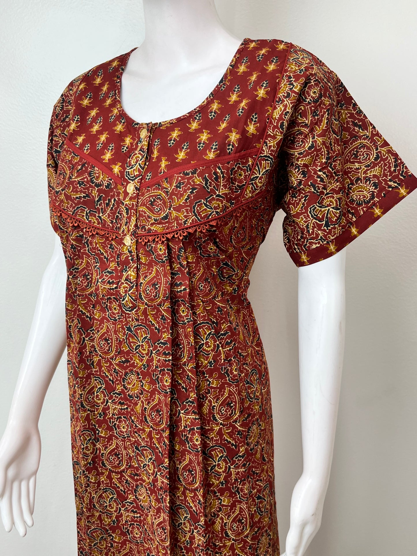 Maroon Pleated Style 100% Cotton Nightgown
