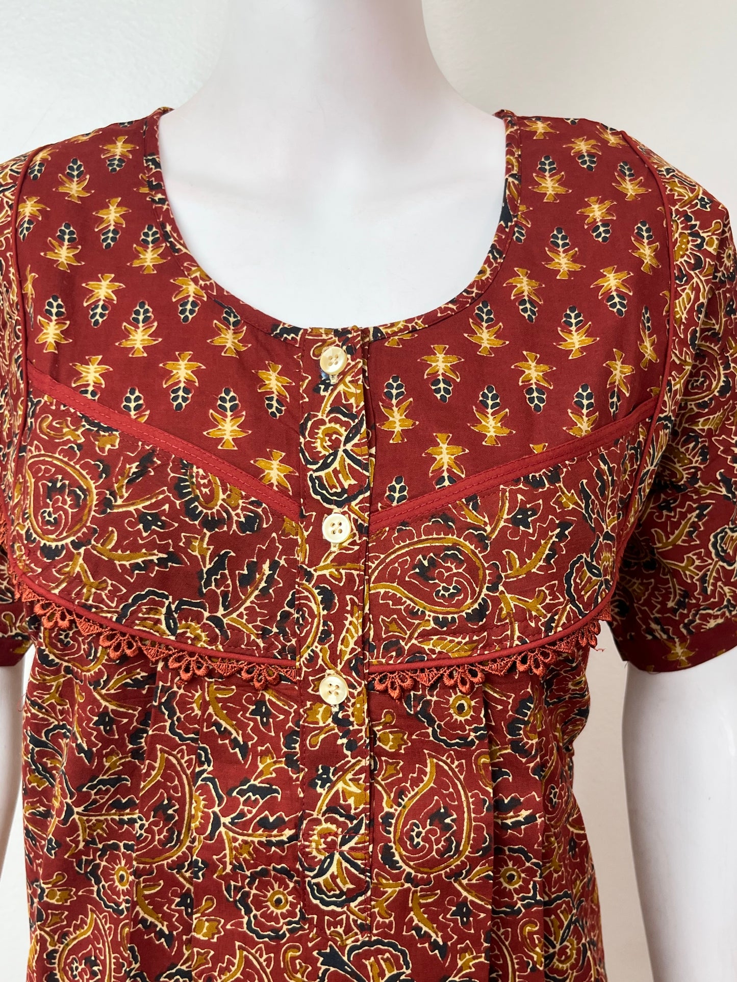 Maroon Pleated Style 100% Cotton Nightgown