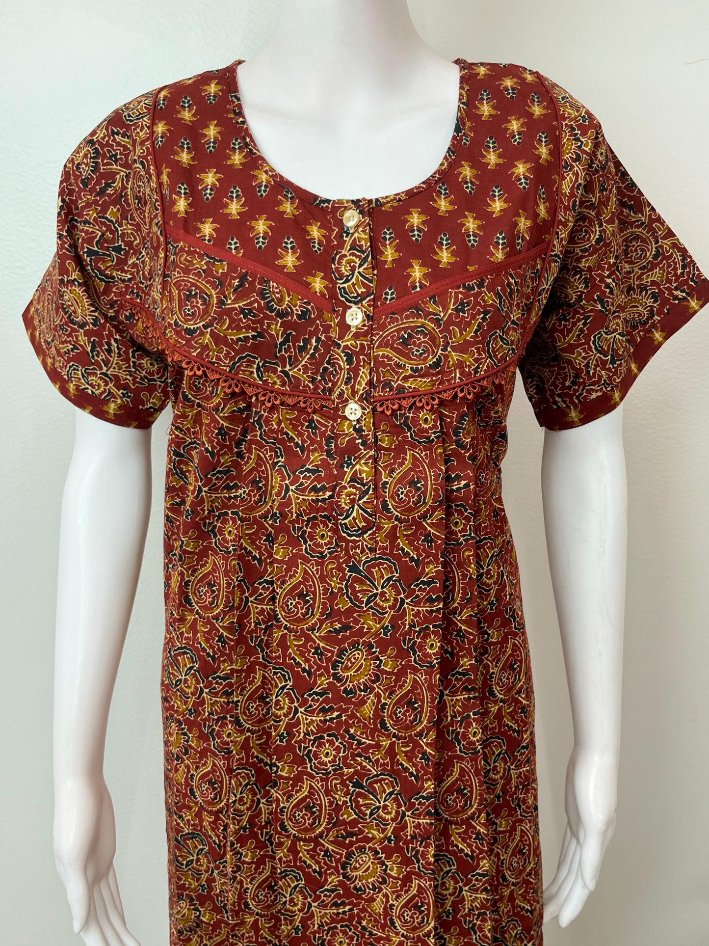 Maroon Pleated Style 100% Cotton Nightgown