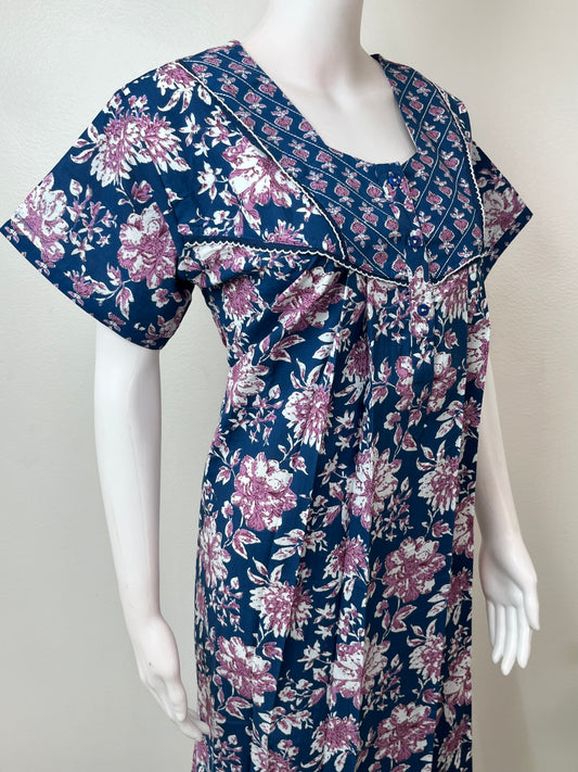 Navy Blue Pleated Style 100% Cotton Nighty