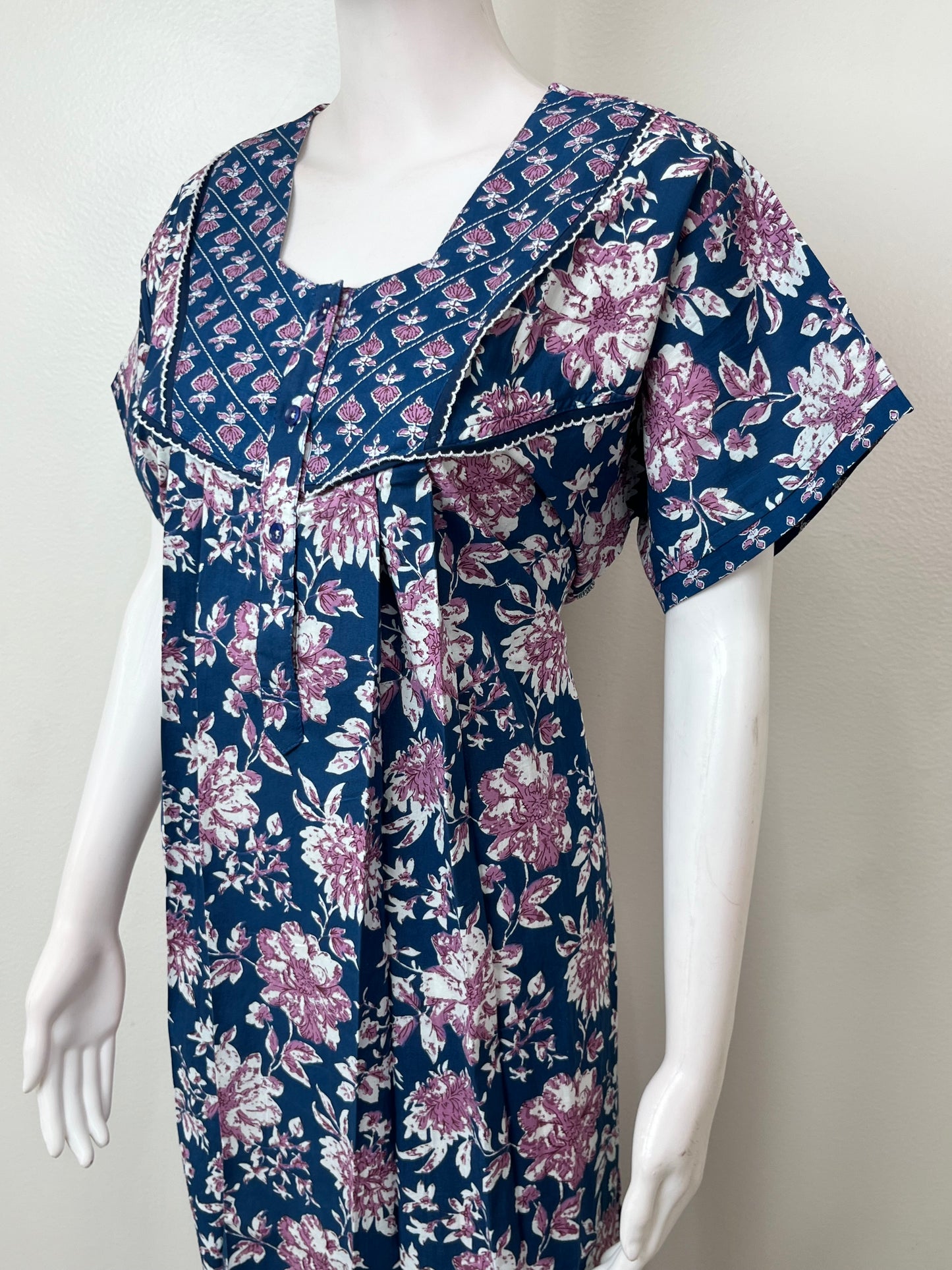 Navy Blue Pleated Style 100% Cotton Nighty