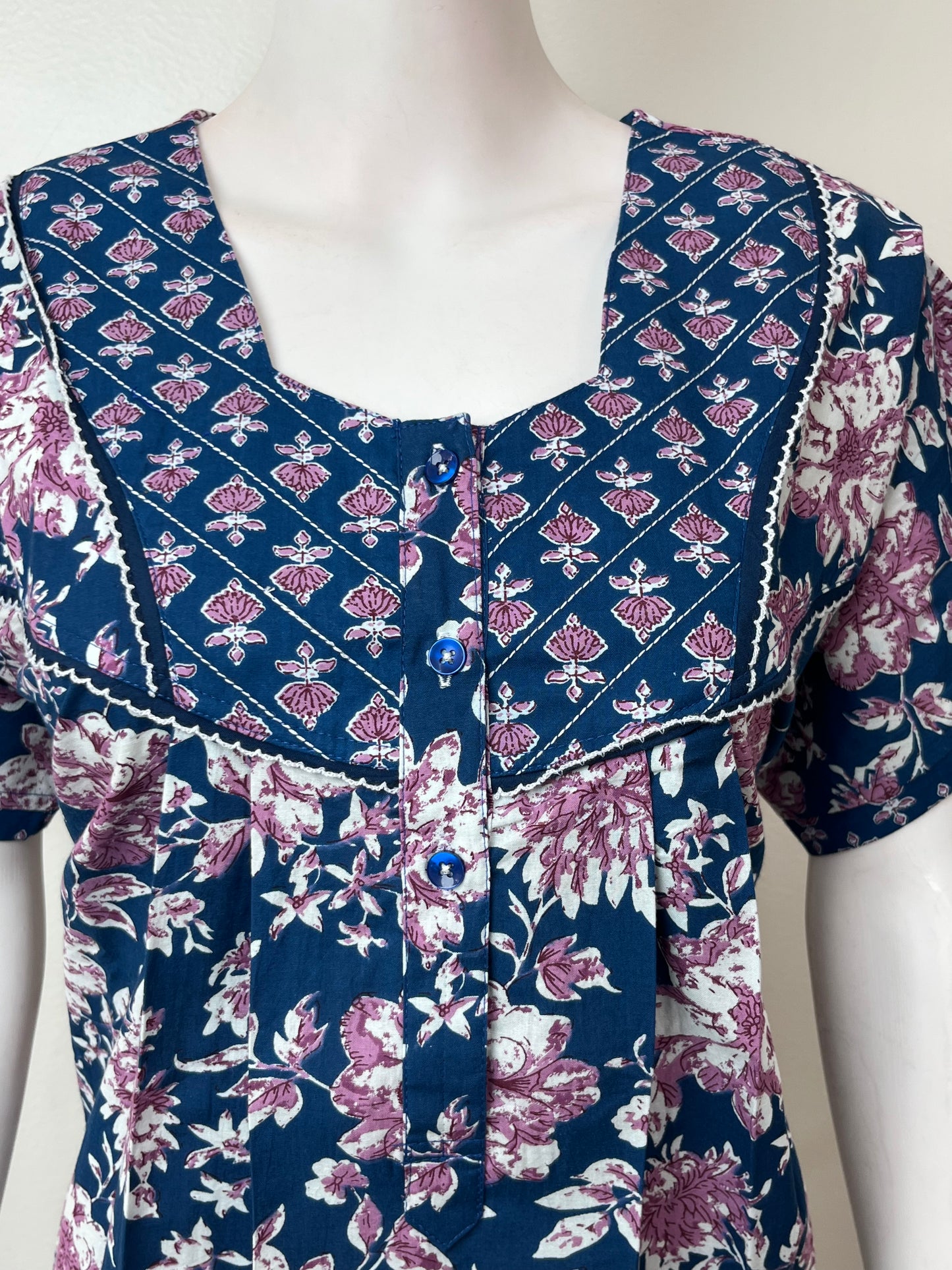 Navy Blue Pleated Style 100% Cotton Nighty