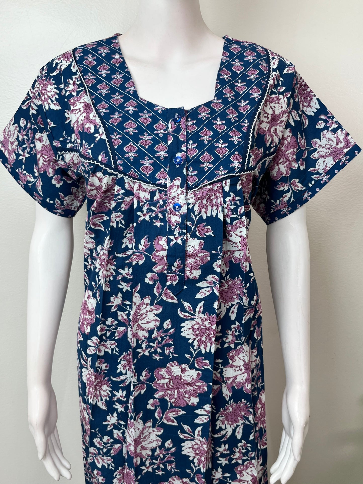 Navy Blue Pleated Style 100% Cotton Nighty