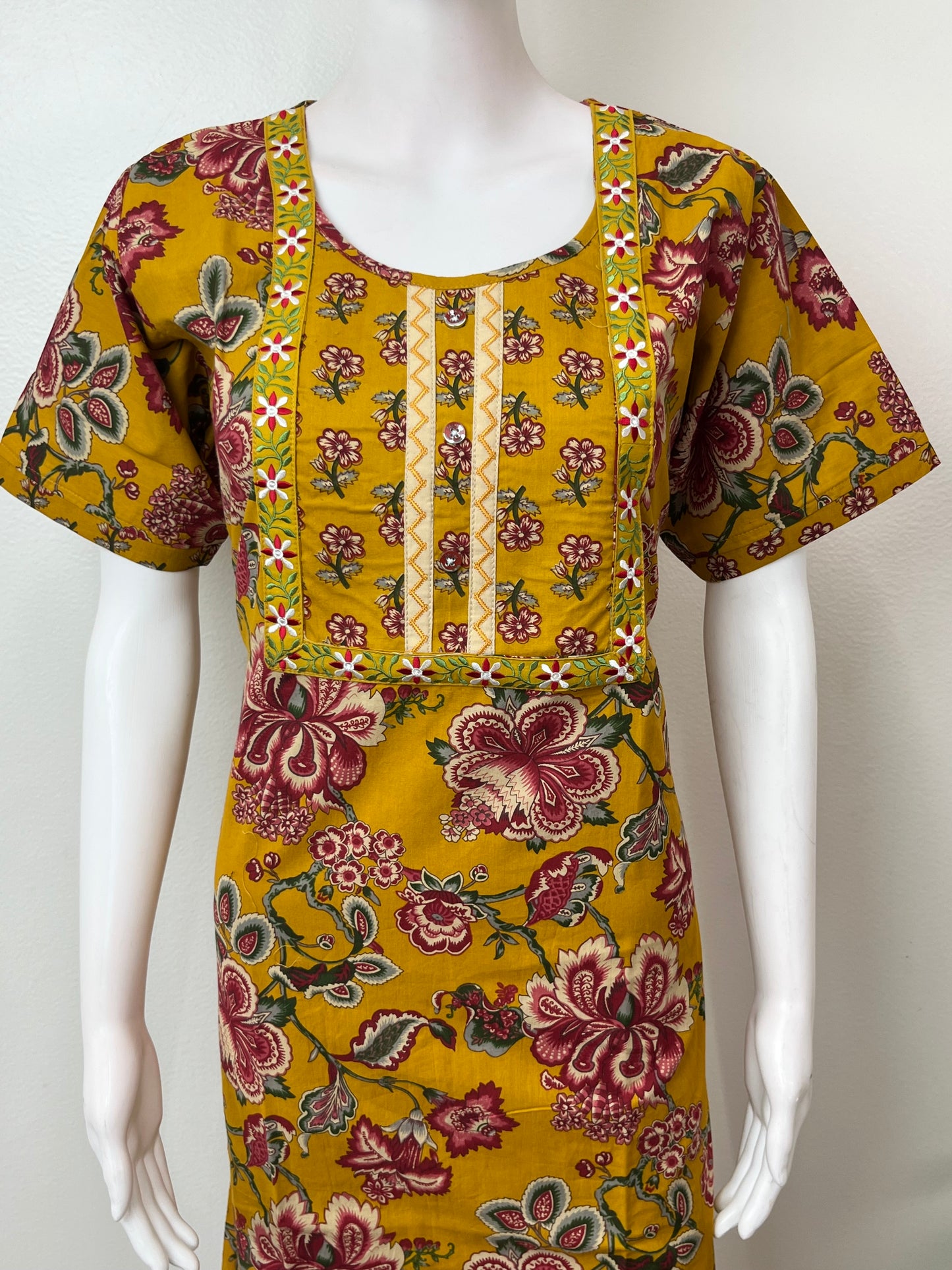 Mustard Embroidered Pure Cotton Nightgown