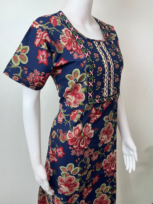 Navy Blue Floral Printed 100% Cotton Nighty