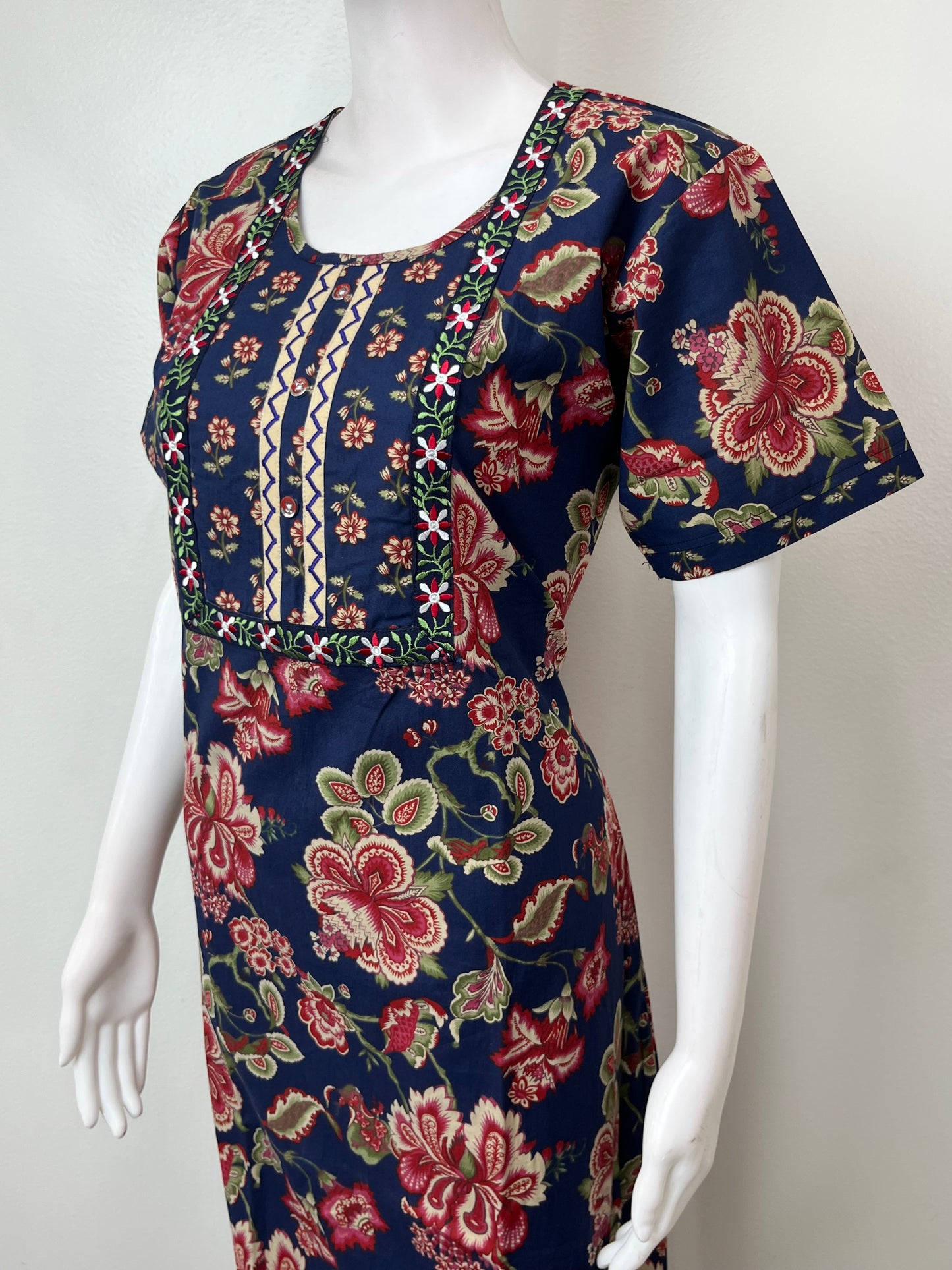 Navy Blue Floral Printed 100% Cotton Nighty