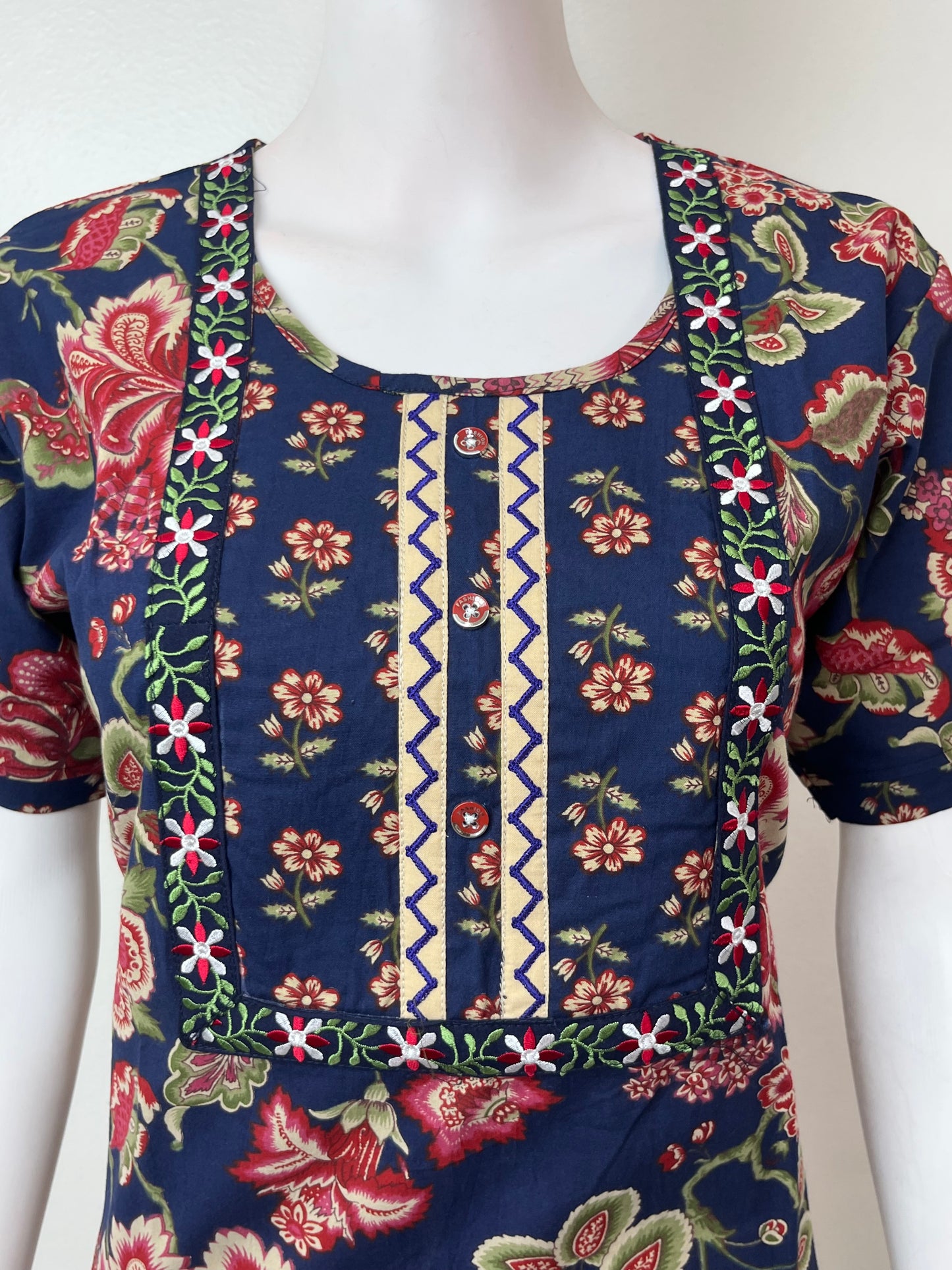 Navy Blue Floral Printed 100% Cotton Nighty