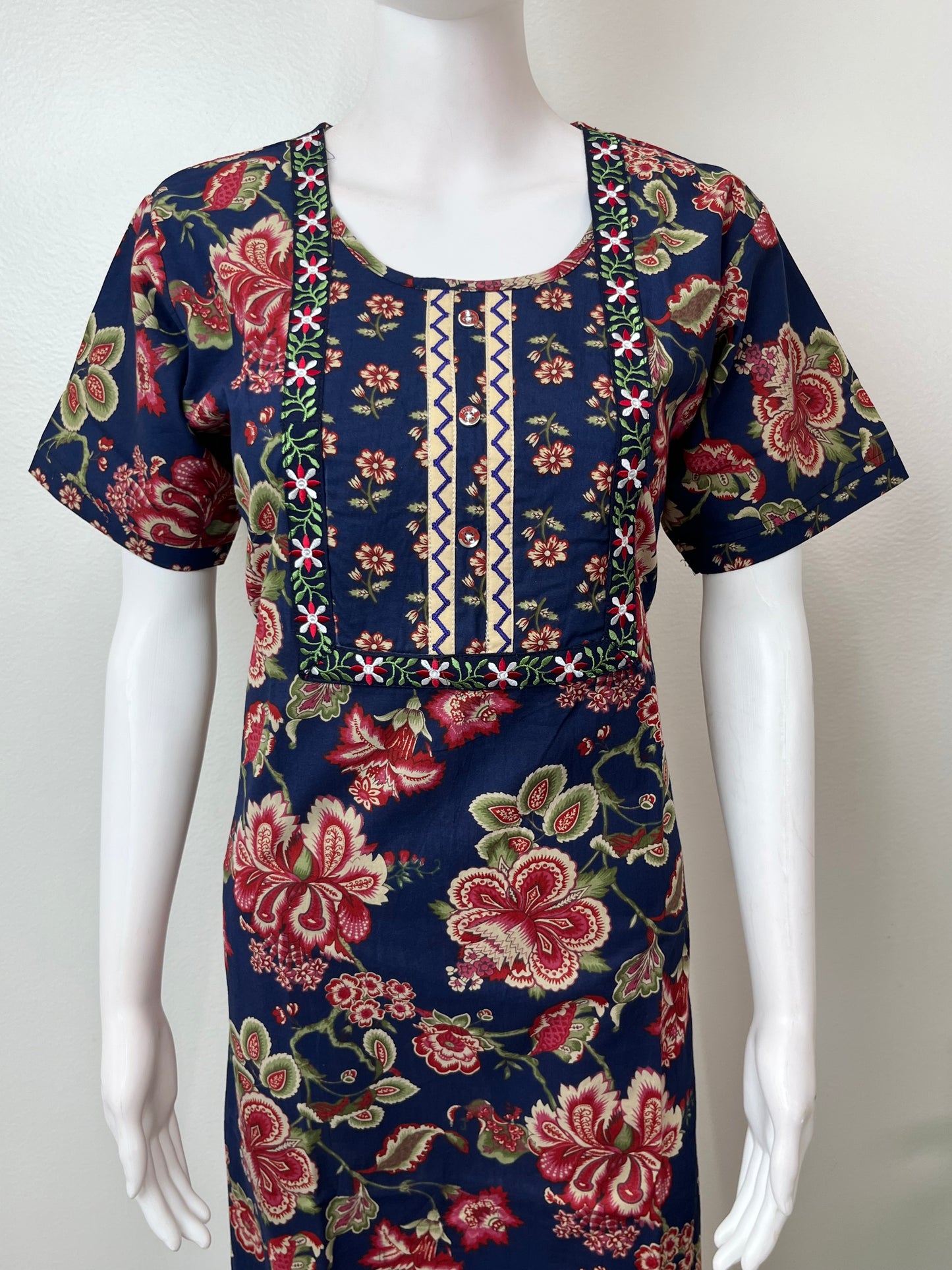 Navy Blue Floral Printed 100% Cotton Nighty
