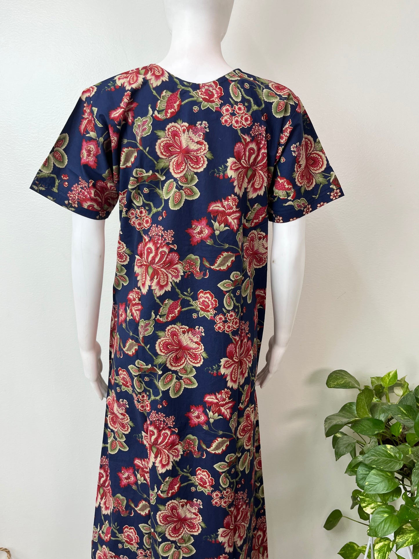 Navy Blue Floral Printed 100% Cotton Nighty