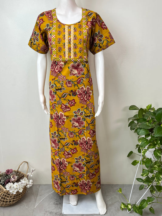 Mustard Embroidered Pure Cotton Nightgown