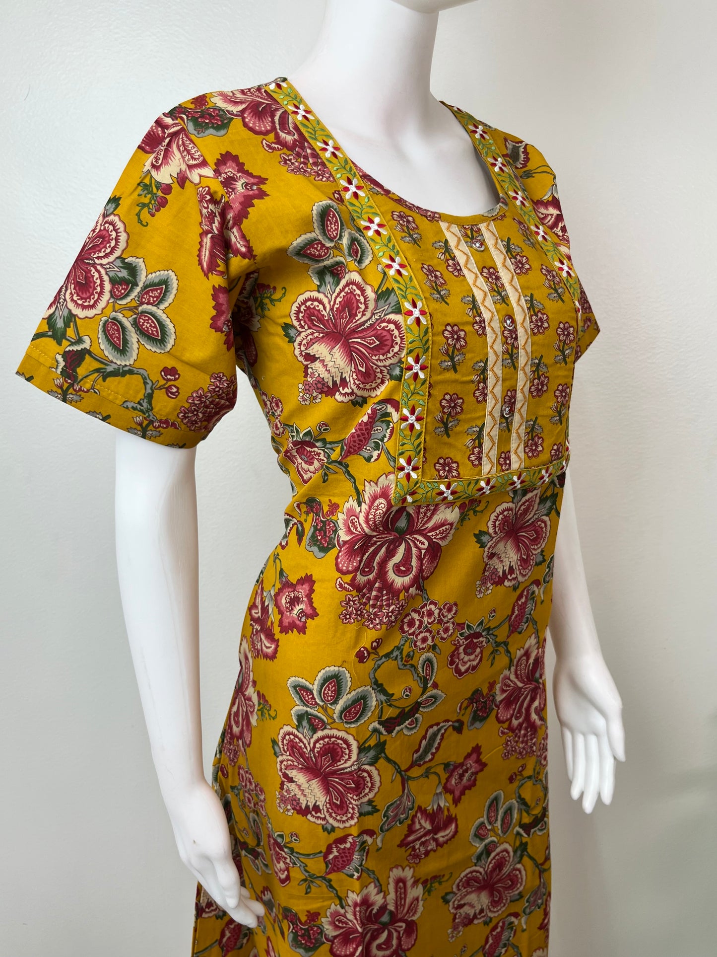 Mustard Embroidered Pure Cotton Nightgown