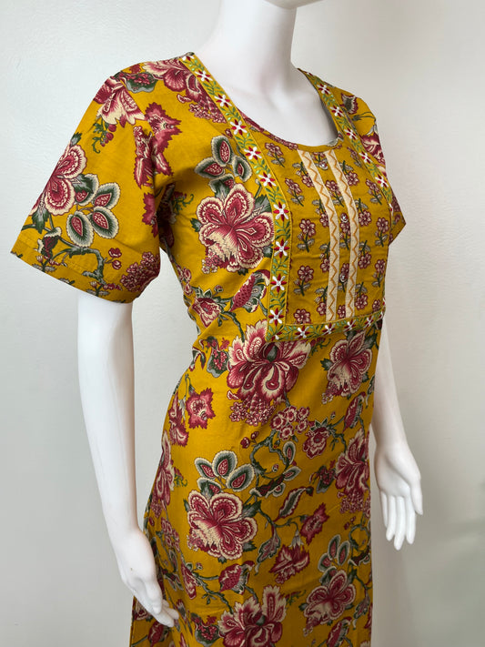Mustard Embroidered Pure Cotton Nightgown