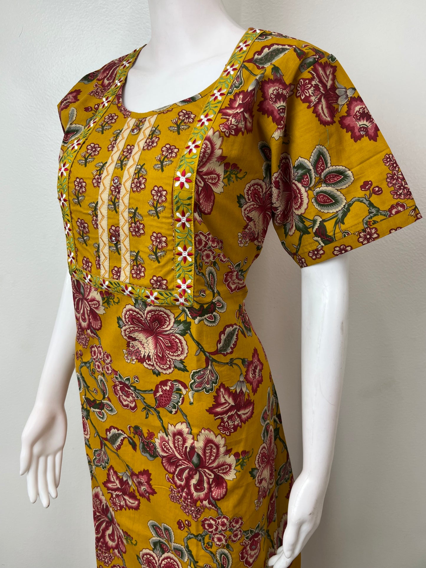 Mustard Embroidered Pure Cotton Nightgown
