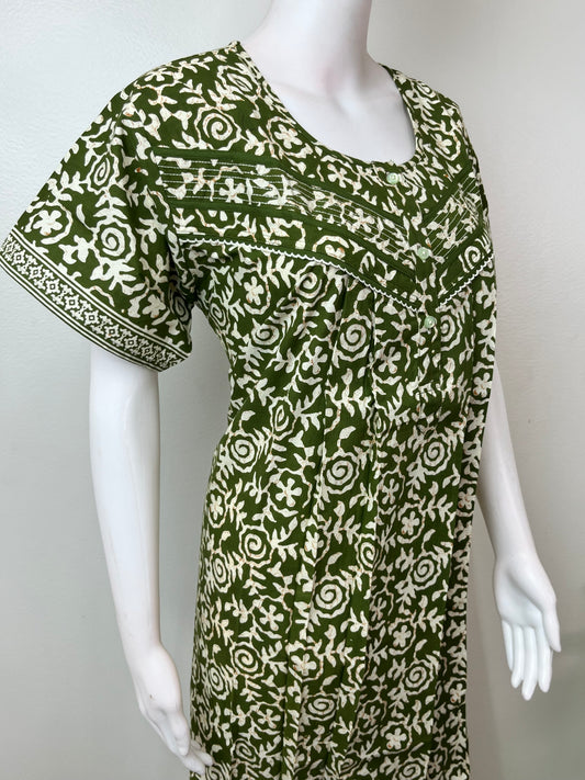 Green Pleated Style Pure Cotton Nightgown