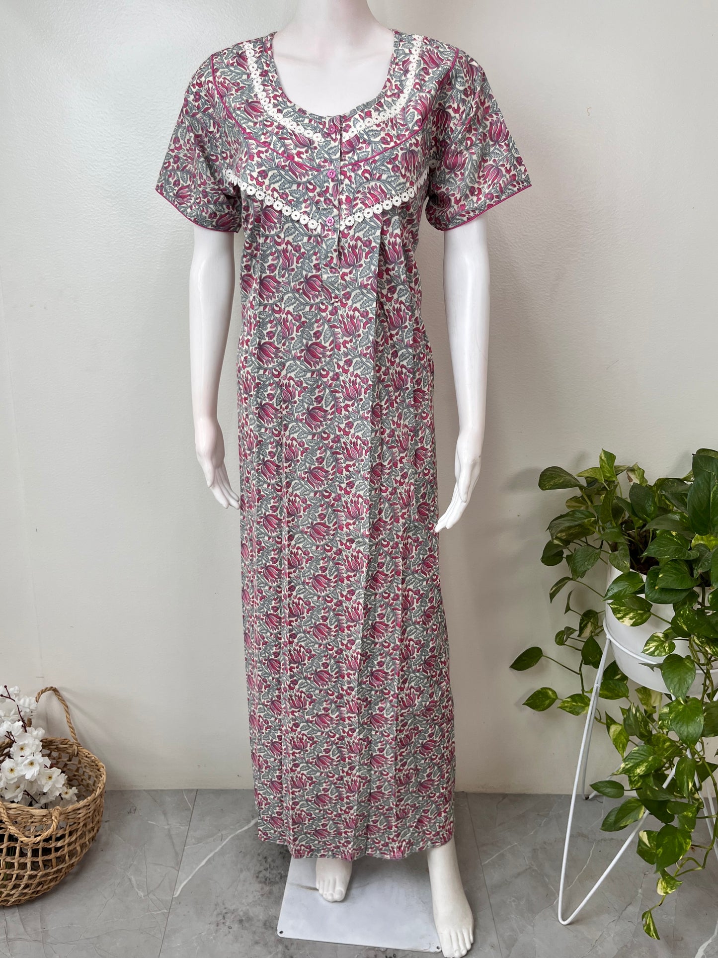 Pink & Gray Pure Cotton Nightgown