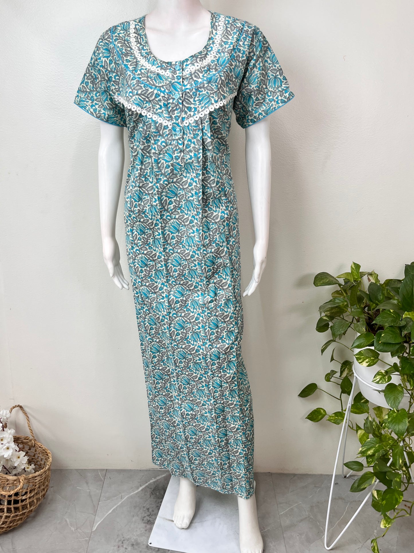 Teal Pleated Style Pure Cotton Nighty