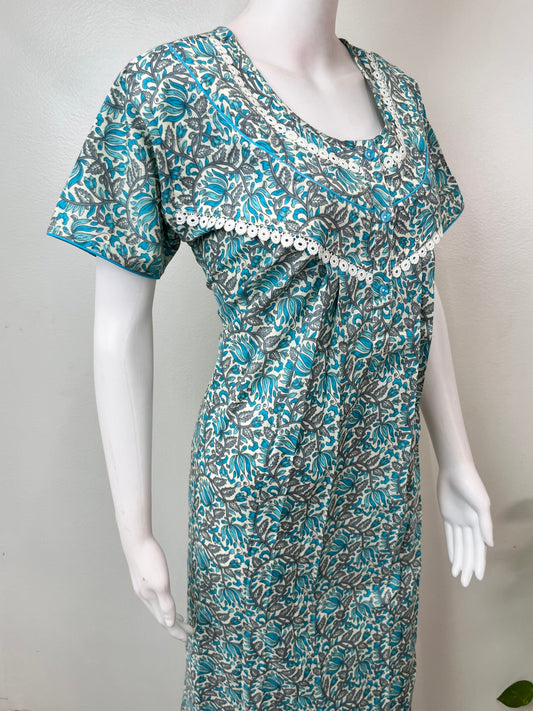 Teal Pleated Style Pure Cotton Nighty