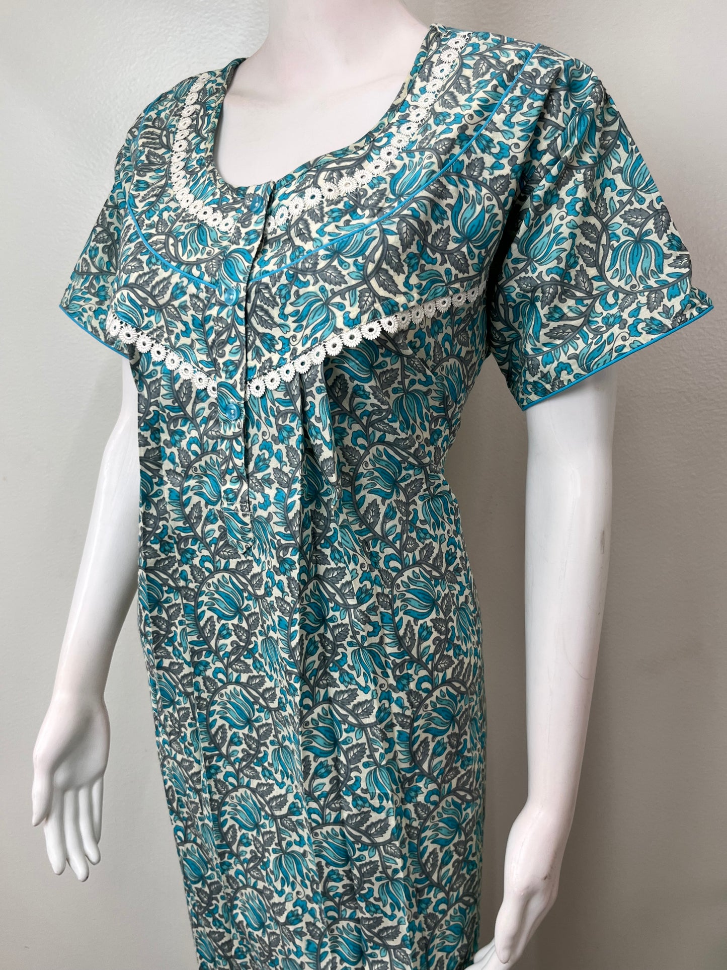 Teal Pleated Style Pure Cotton Nighty